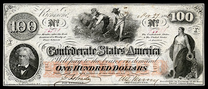 $100 (T41) John C. Calhoun, Slaves working; Confederacy Keatinge & Ball (Richmond, VA) (670,400 issued)