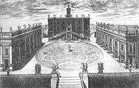 Michelangelo's systematizing of the Piazza del Campidoglio, engraved by Étienne Dupérac in 1568.