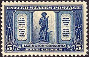 A blue postage stamp. In the middle is a is a statue of a man in 18th-century clothing. He holds a rifle, and his coat is on a plow beside him. On tablets to the immediate left and right of the statue are four stanzas of the Concord Hymn. Above is printed "United States Postage"; below, "Lexington-Concord" and "Five Cents". In the bottom corners is the numeral 5 with the year 1775 on the left and 1925 on the right.