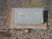 The grave site of Carl T. Hayden (1877- 1972); Sec. B-53. Hayden was the first United States Senator to serve seven terms. He served as Arizona's first representative for eight terms before entering the Senate, Hayden set the record for longest serving member of the United States Congress more than a decade before his retirement from politics.