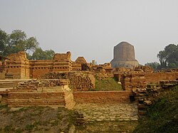 View of Sarnath, looking from the ruins of the ancient Mulagandha Kuty Vihara towards the Dhamek Stupa