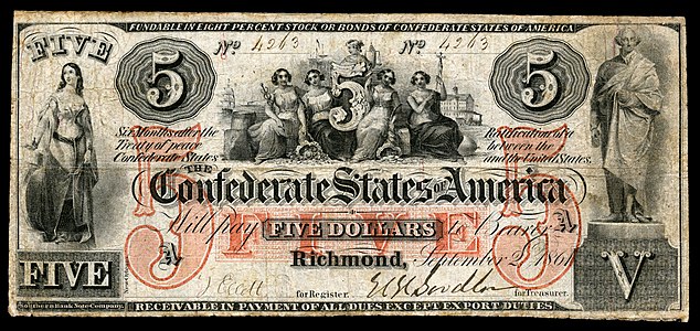 $5 (T31) Navigation; Commerce, Agriculture, Justice, Liberty, and Industry; George Washington statue Southern Bank Note Company (58,860 issued)