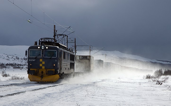 挪威杜姆奥斯附近，多夫勒线（英语：Dovre Line）上停靠一列接有货车的NSB El 14（英语：NSB El 14）电力机车。