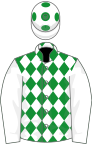 Green, white diamonds and sleeves, white cap, green spots