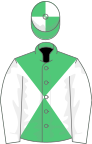Emerald green, and white diabolo, white sleeves, quartered cap