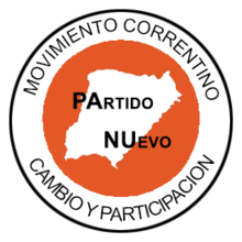 Circular graphic with text and the white silhouette of the province on an orange circle