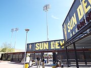 The main entrance of the Phoenix Municipal Stadium. The Phoenix Municipal Stadium was built in 1964 and is located at 5999 E. Van Buren Street in Phoenix, Az. The stadiums’ light poles are the original light poles which were installed in New York’s Polo Grounds Stadium in 1940. They served Polo Grounds until 1964, when the stadium was demolished. Horace Stoneham, the owner of the San Francisco Giants, whose club started spring training at the previous iteration of the Phoenix Municipal in 1947, had the poles shipped here. The San Francisco Giants played at the ballpark during the spring training of 1964.