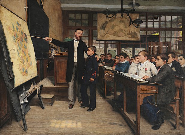 图为阿尔伯特·贝坦尼尔绘于1887年的油画《黑色的污点》，描绘了一名教师正指着地图上因普法战争而被德国占领的阿尔萨斯-洛林地区的黑点。这次占领衍使得对德国的深切仇恨萌芽，又称复仇主义。