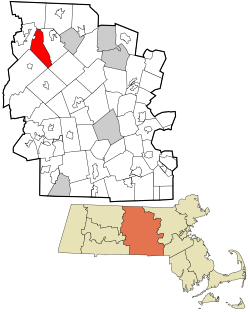 菲利普斯顿在伍斯特县及马萨诸塞州的位置（以红色标示）