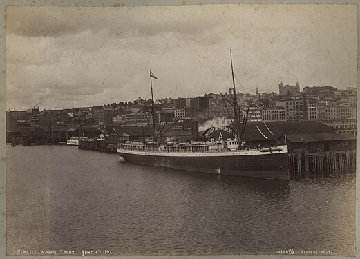 Steamship Walla Walla at Pier A, June 6, 1891. Written on Pier A pier shed: "Oregon Improvement Co." and a large "A"