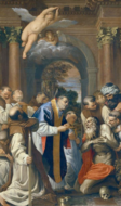 阿戈斯蒂诺·卡拉齐的《圣杰罗姆教派（意大利语：Comunione di san Girolamo (Agostino Carracci)）》，376 × 224cm，约作于1591－1592年，来自切尔托萨圣杰洛姆教堂（意大利语：Chiesa di San Girolamo alla Certosa）的藏品。[34]