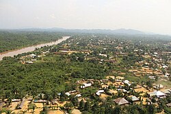 An air view of Shabunda, showing both the city and the river Ulindi