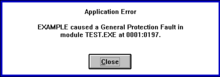Error message for a general protection fault in Windows 3.1x
