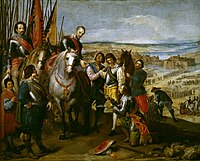 “诸林之降（英语：Siege of Jülich (1621–22)）”，1635年由约瑟普·列奥那多（英语：Jusepe Leonardo）绘，收藏于马德里的普拉多博物馆.