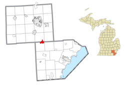 米兰在门罗县及密歇根州的位置（以红色标示）