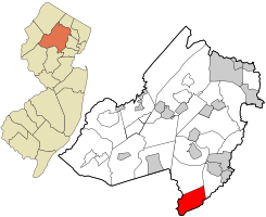 Location of Long Hill Township in Morris County highlighted in red (right). Inset map: Location of Morris County in New Jersey highlighted in orange (left).