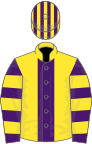 Yellow, purple stripe, purple and yellow hooped sleeves, striped cap