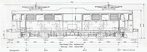 Side view, general arrangement drawing, showing the internal placement of the central transformer and paired traction motors above each of the four axles.