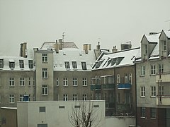 Snow on the roofs of houses in Poland