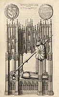 The tomb of John of Gaunt and Blanche of Lancaster in the choir of St Paul's Cathedral, as represented in an etching of 1658 by Wenceslaus Hollar. The etching includes a number of inaccuracies, for example in not showing the couple with joined hands. The tomb was lost in the Great Fire of 1666.