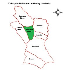 Location of Zubrzyca Dolna within Gmina Jabłonka
