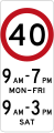 (R4-V114-2) 40 km/h Speed Limit with multiple times of operation (used in Victoria)