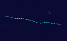 The storm path of Tropical Storm Aka, which starts southeast of Hawaii, moves generally west to west-northwestward, crosses the International Dateline, and eventually dissipates