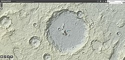 A topographic map showing Boaddicker crater and the central hill which rises about 1,800 meters off the crater floor.