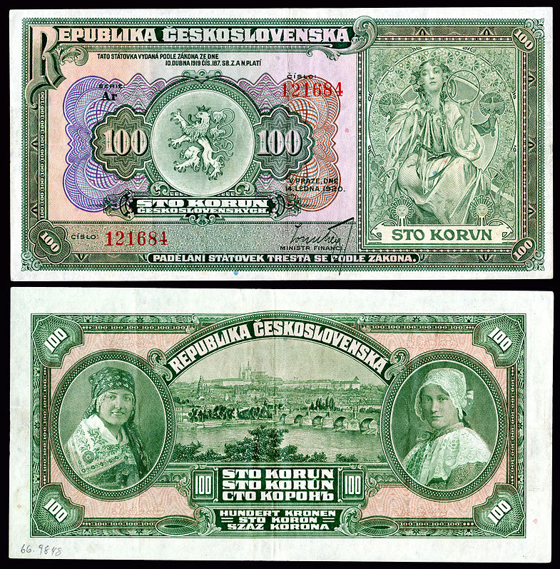 Mucha-designed artwork on a 1920 Republic of Czechoslovakia 100 Korun note.