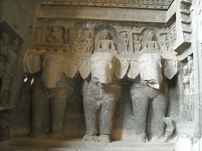 Left panel elephants and riding Buddhas, with the inscription of Bhutapala on top