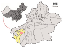 Location of Makit County (red) within Kashgar Prefecture (yellow) and Xinjiang