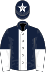 Dark blue, white stripe, halved sleeves and star on cap