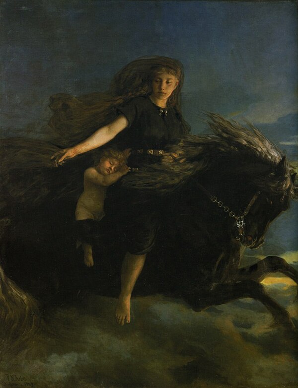 Nótt rides her horse in this 19th-century painting by Peter Nicolai Arbo.