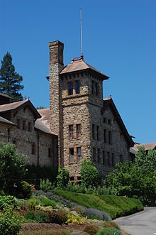 Romanesque stone building surrounded by shrubs