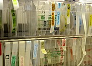 Rolls of auxiliary labels placed on prescription medications
