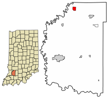 Location of Elnora in Daviess County, Indiana.