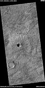 Unnamed rater with thin ejecta, as seen by HiRISE under the HiWish program. There are also many cones visible in the image.