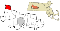 普莱恩菲尔德在汉普夏县及马萨诸塞州的位置（以红色标示）