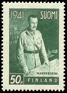The 1941 Finnish postal stamp portraying the then Field Marshal Mannerheim (he was appointed Marshal of Finland the flowing year, in 1942.