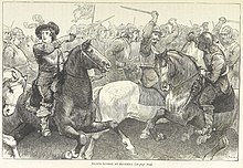 Black and white illustration of a scene of a battle.