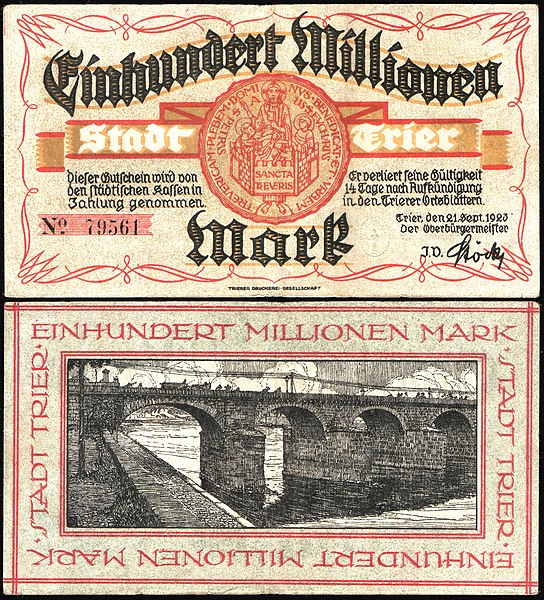 图为100年前今日在德国特里尔发行的紧急货币，面值为一千万马克，由弗里兹·匡特设计，背面为特里尔的罗马桥。