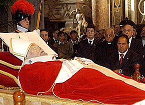 The body of Pope John Paul II during a funeral ceremony.