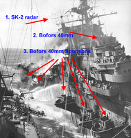 1945年，富兰克林号被日军轰炸机重创。1.为SK-2雷达，取代了旧式的SK雷达；2.为舰岛的一座四联装40毫米高射炮；3.为右弦兴建的五座炮座，各装设一座四联装40毫米高射炮。舰艉的两个炮座在袭击中受损。