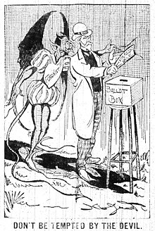 Political cartoon. A devil with "Fusionist" written across his chest speaks into the ear of a well-dressed white man, who is about to place a slip of paper labeled "For Negro Rule" into a ballot box. The caption reads "DON'T BE TEMPTED BY THE DEVIL."