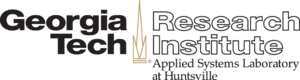 The words "Georgia Tech" in black to the left of a stylized campanile, and the words "Research Institute" in outline to the right of the stylized campanile. The words "Applied Systems Laboratory at Huntsville" are written below the right side of the image.