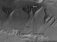 牛顿撞击坑以西（南纬41.3047度，东经192.89度）一座撞击坑北壁上的一组冲沟。该图片是火星全球探勘者号在公共目标计划下使用火星轨道器相机拍摄的。