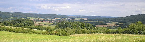 Typical Haßberg countryside near Ebern. View from the old training area looking south to the Zeilberge hills. The Franconian Jura may be seen in the background