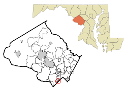 切维蔡斯村在蒙哥马利县及马里兰州的位置（以红色标示）