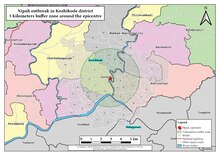 Map of the Kozhikode area, illustrating a three-kilometer buffer zone around the epicentre