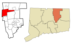 Ellington's location within Tolland County and Connecticut
